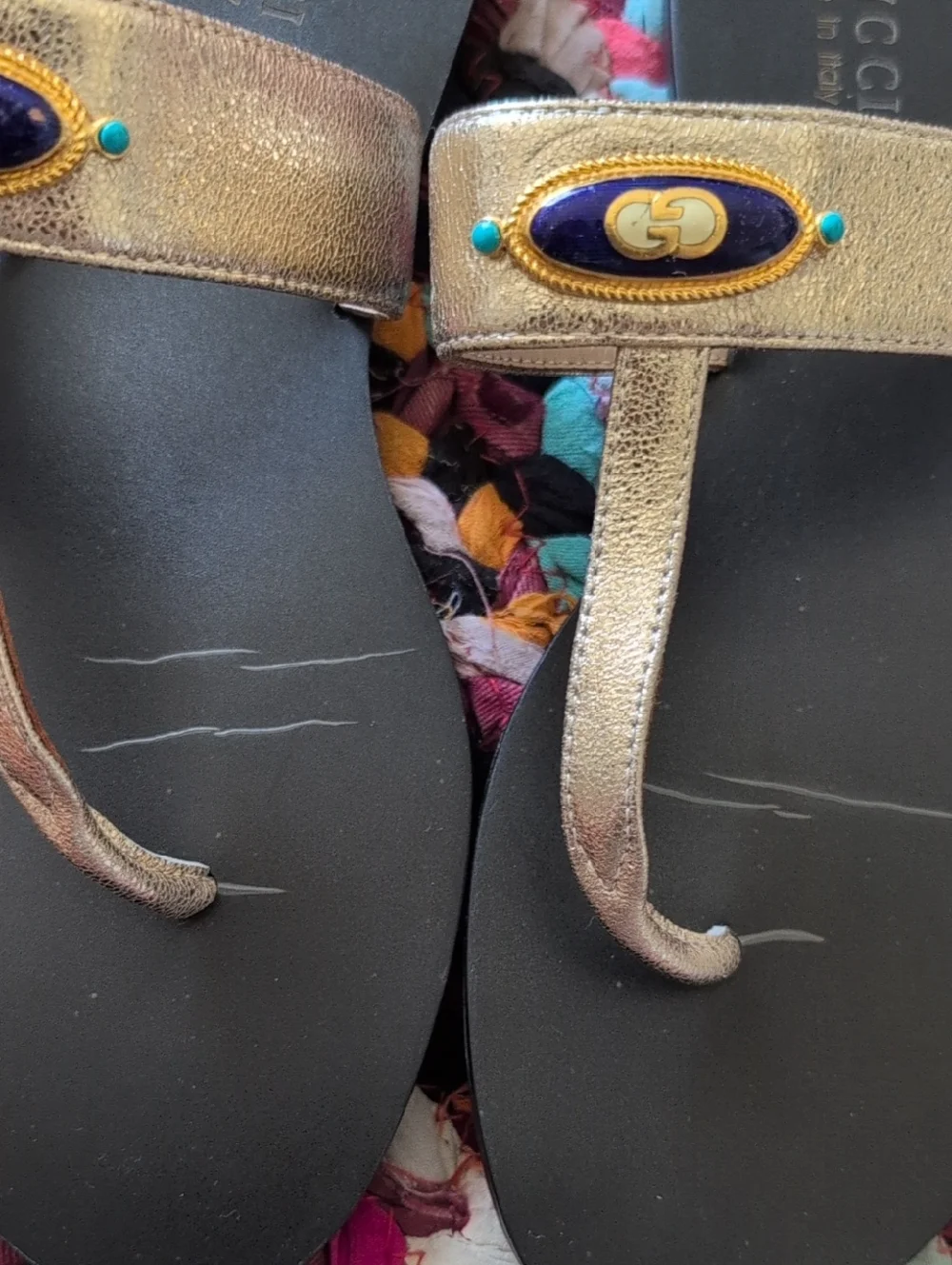Gucci Metallic Gold Thong Sandals with Black Footbed and Blue Accents